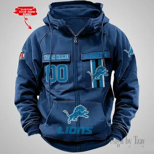 Personalized Detroit Lions Cargo Zip Hoodie Football Team Fan Gift