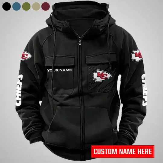 Personalized Kansas City Chiefs Cargo Zip Hoodie Football Team Fan Gift