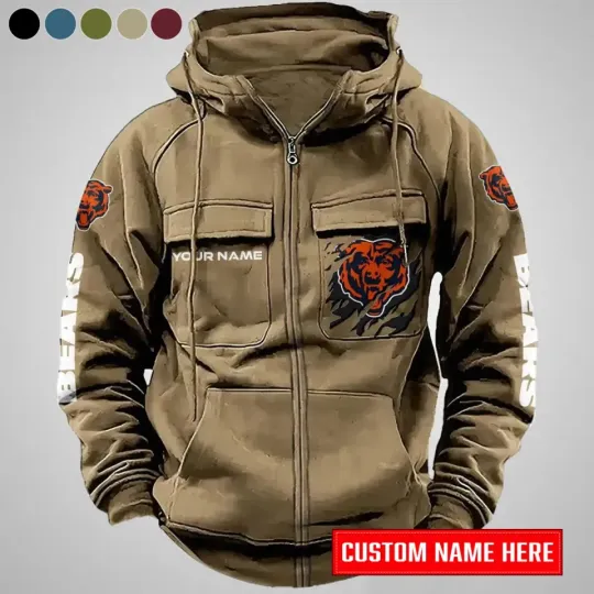 Personalized Chicago Bears Cargo Zip Hoodie Football Team Fan Gift