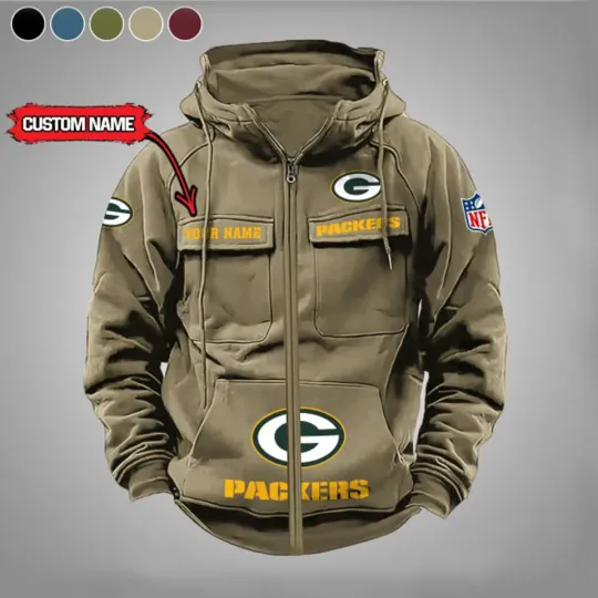Personalized Green Bay Packers Cargo Zip Hoodie Football Team Fan Gift