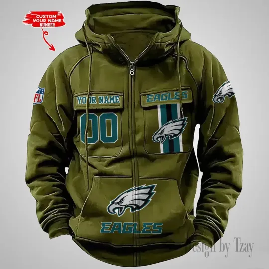 Personalized Philadelphia Eagles Cargo Zip Hoodie Football Team Fan Gift