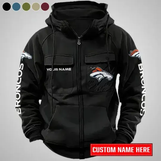 Personalized Denver Broncos Cargo Zip Hoodie Football Team Fan Gift