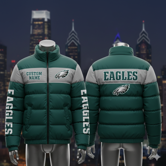 Discover Custom Name Philadel.phia EagllessFootball Puffer Jacket For Men, Gift For Dad