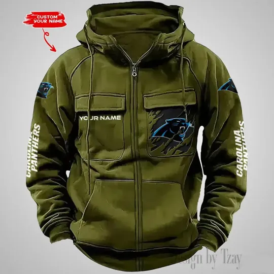 Personalized Carolina Panthers Cargo Zip Hoodie Football Team Fan Gift