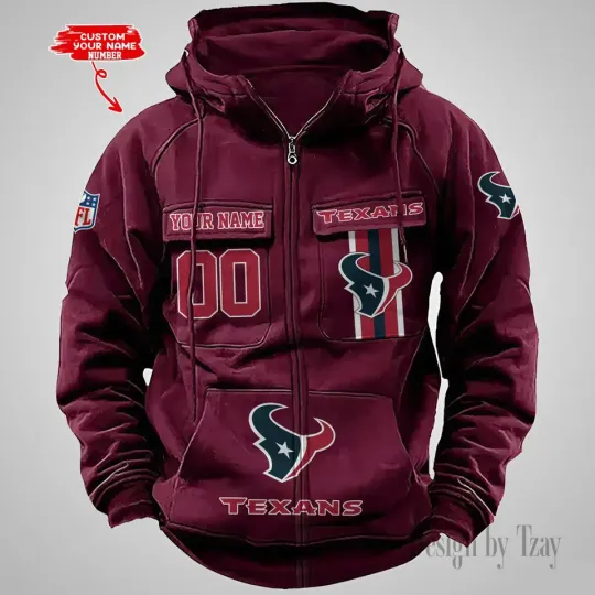 Personalized Houston Texans Cargo Zip Hoodie Football Team Fan Gift