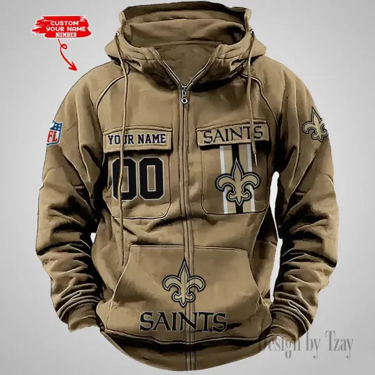 Personalized New Orleans Saints Cargo Zip Hoodie Football Team Fan Gift