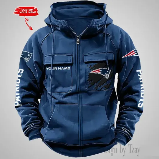 Personalized New England Patriots Cargo Zip Hoodie Football Team Fan Gift