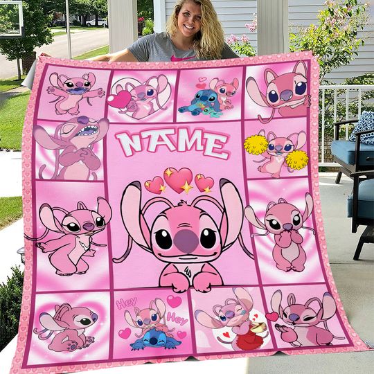 Personalized Angel Stitch Throw Blanket, Custom name Stitch And Angel Quilt Blanket, Lilo & Stitch Blanket, Angel Stitch Birthday Girls