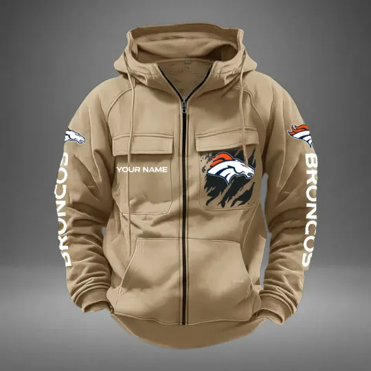 Personalized Denver Broncos Cargo Zip Hoodie Football Team Fan Gift