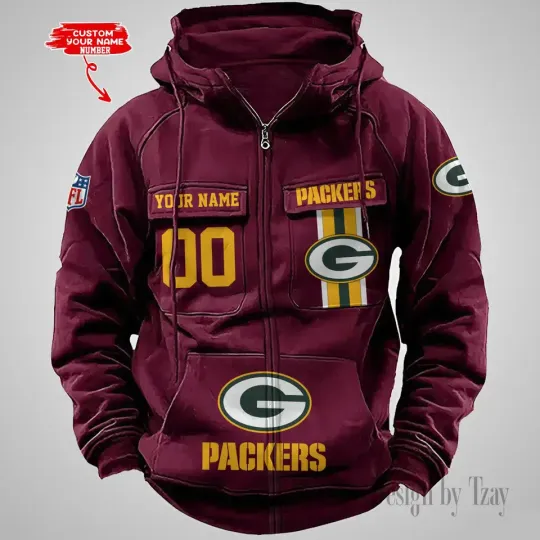Personalized Green Bay Packers Cargo Zip Hoodie Football Team Fan Gift