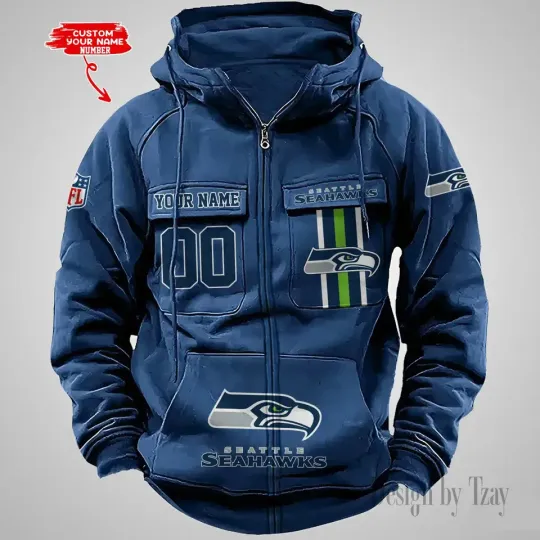 Discover Personalized Seattle Seahaws Cargo Zip Hoodie Football Team Fan Gift