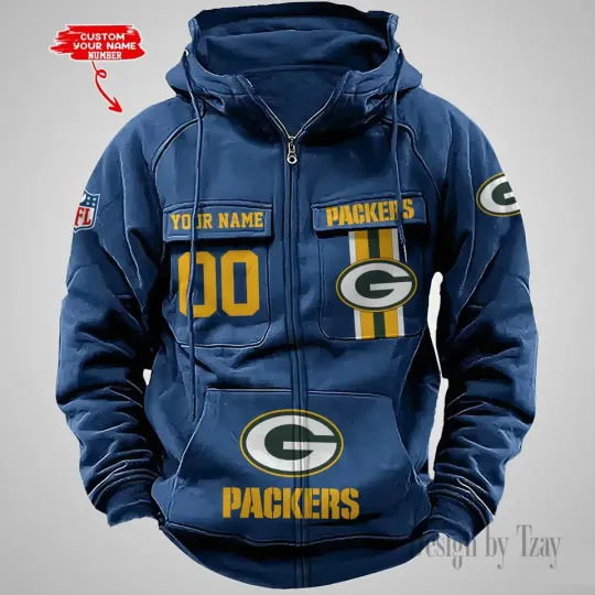 Personalized Green Bay Packers Cargo Zip Hoodie Football Team Fan Gift