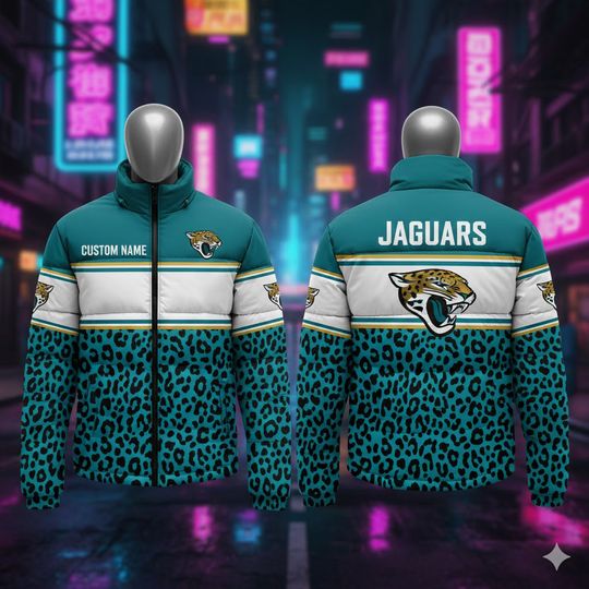 Discover Custom Name Jacksonville Football Puffer Jacket For Men, Gift For Dad