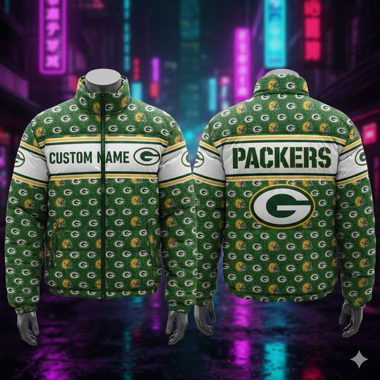 Custom Name Green Bay Football Puffer Jacket For Men, Gift For Dad