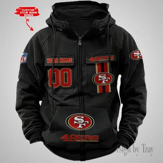 Personalized San Francisco 49er Cargo Zip Hoodie Football Team Fan Gift