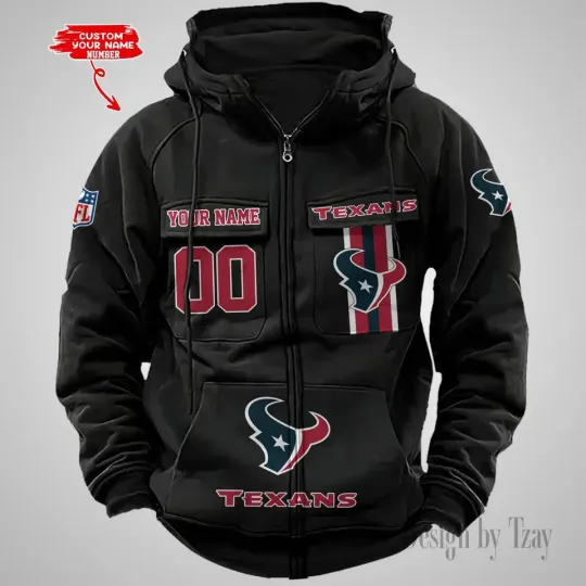 Personalized Houston Texans Cargo Zip Hoodie Football Team Fan Gift