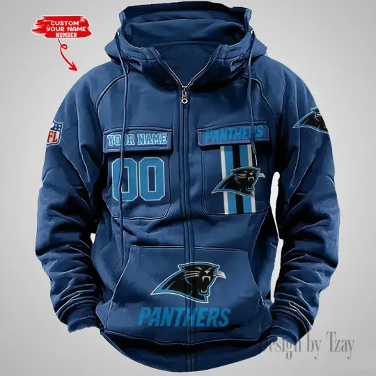 Personalized Carolina Panthers Cargo Zip Hoodie Football Team Fan Gift