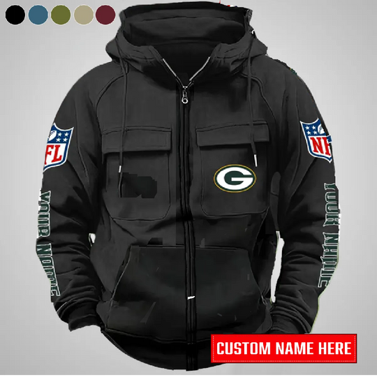 Green Bay Packers New Personalized Multi-Pockets Zip-Up Hoodie