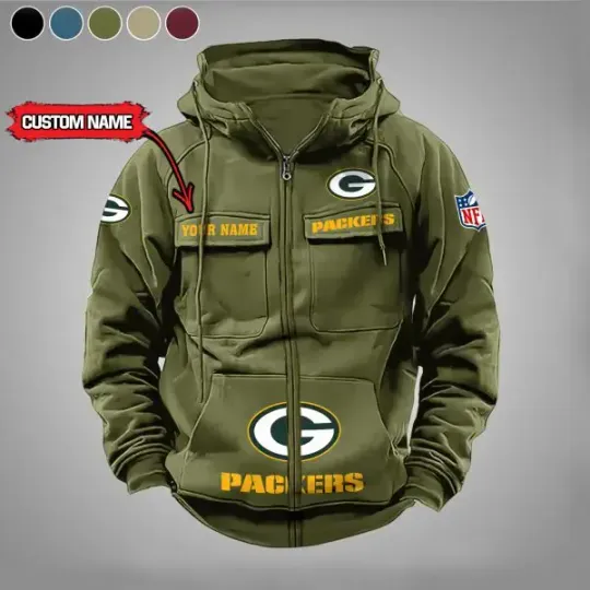 Green Bay Packers Personalized Multi-Pockets Zip-Up Hoodie
