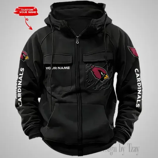 Arizonna Cardinals Personalized Multi-Pockets Zip-Up Hoodie