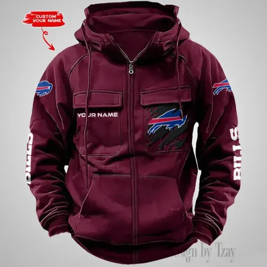 Buffalo Bills Personalized Multi-Pockets Zip-Up Hoodie