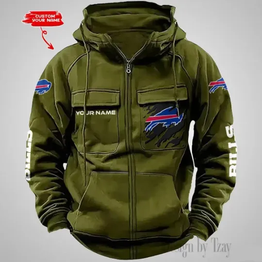 Buffalo Bills Personalized Multi-Pockets Zip-Up Hoodie