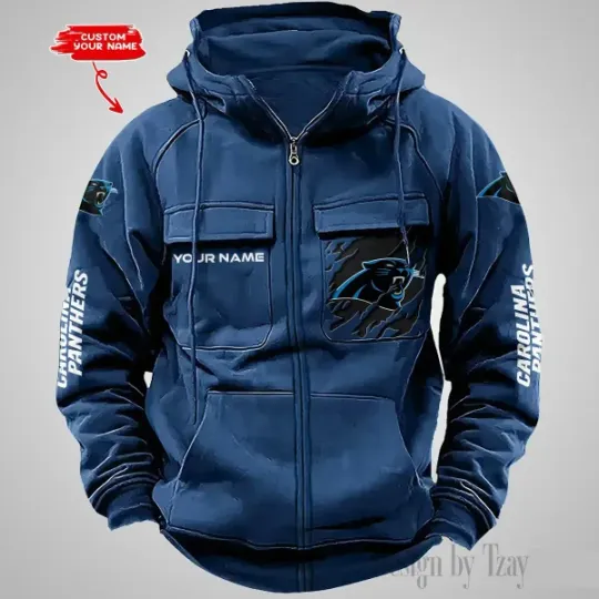 Carolina Panthers Personalized Multi-Pockets Zip-Up Hoodie