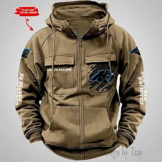 Carolina Panthers Personalized Multi-Pockets Zip-Up Hoodie