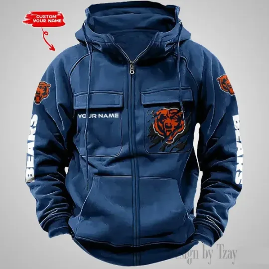 Chicago Bears Personalized Multi-Pockets Zip-Up Hoodie