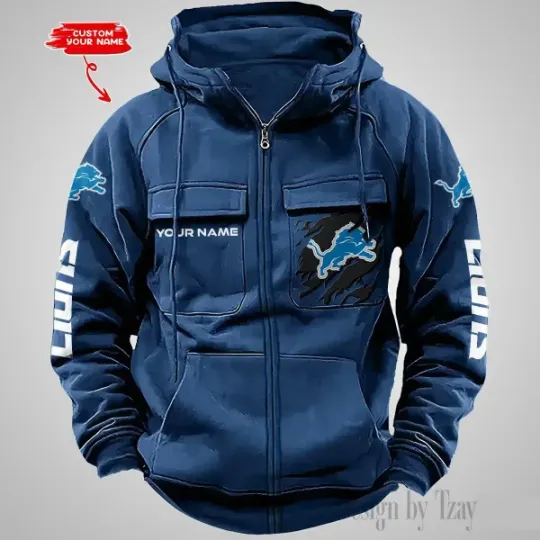 Detroit Lions Personalized Multi-Pockets Zip-Up Hoodie