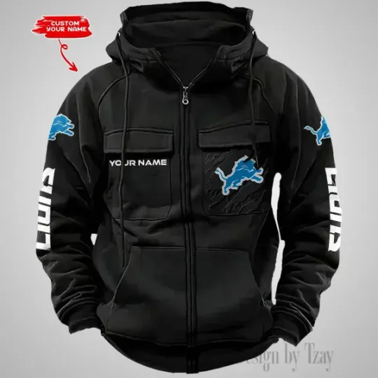 Detroit Lions Personalized Multi-Pockets Zip-Up Hoodie