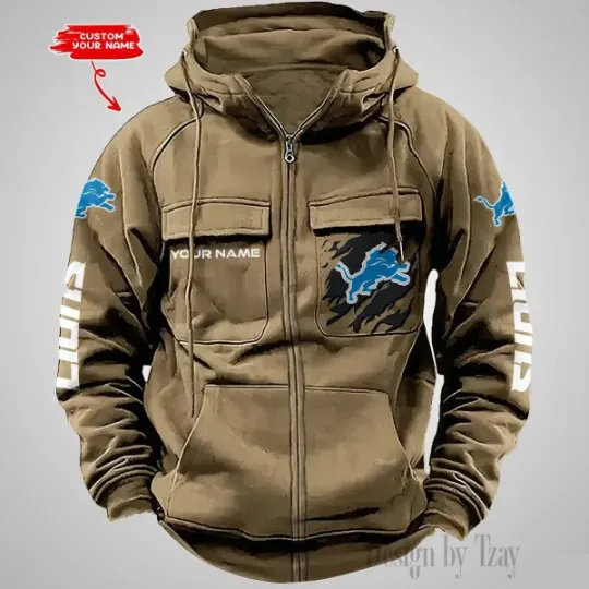 Detroit Lions Personalized Multi-Pockets Zip-Up Hoodie