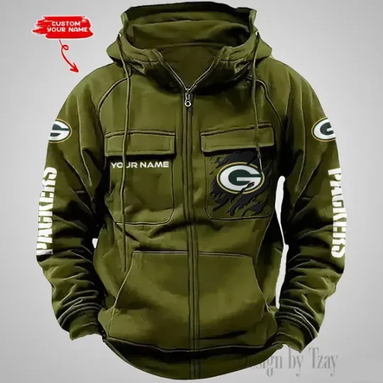Green Bay Packers Personalized Multi-Pockets Zip-Up Hoodie