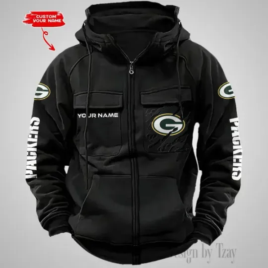 Green Bay Packers Personalized Multi-Pockets Zip-Up Hoodie