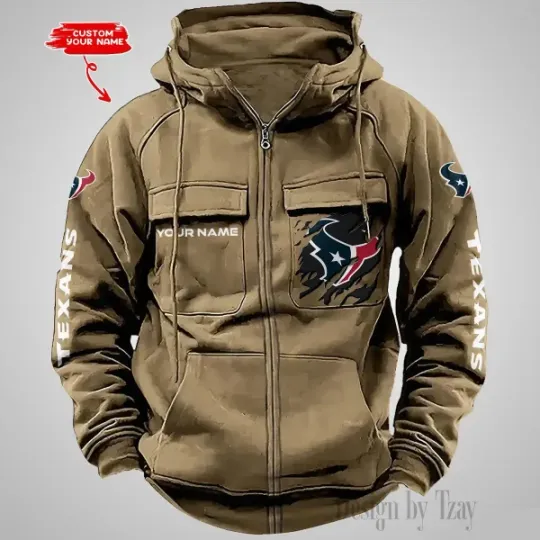 Houston Texans Personalized Multi-Pockets Zip-Up Hoodie