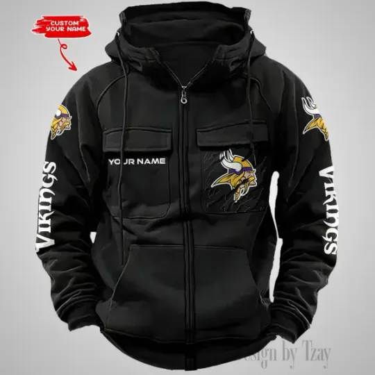Minnesota Vikings Personalized Multi-Pockets Zip-Up Hoodie