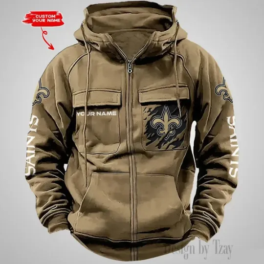 New Orleans Saints Personalized Multi-Pockets Zip-Up Hoodie