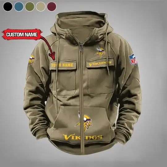 Minnesota Vikings Personalized Multi-Pockets Zip-Up Hoodie