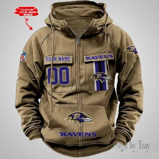 Baltimore Ravens Personalized Multi-Pockets Zip-Up Hoodie