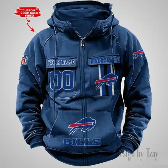 Buffalo Bills Personalized Multi-Pockets Zip-Up Hoodie