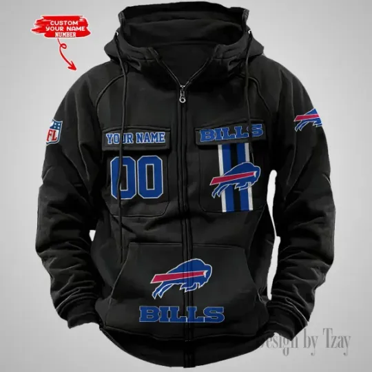 Buffalo Bills Personalized Multi-Pockets Zip-Up Hoodie