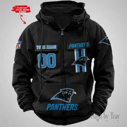 Carolina Panthers Personalized Multi-Pockets Zip-Up Hoodie