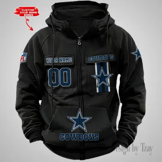 Dallas Cowboys Personalized Multi-Pockets Zip-Up Hoodie