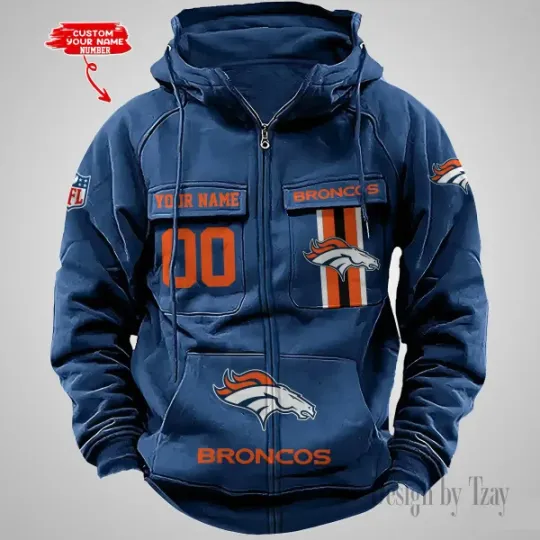 Denver Broncos Personalized Multi-Pockets Zip-Up Hoodie