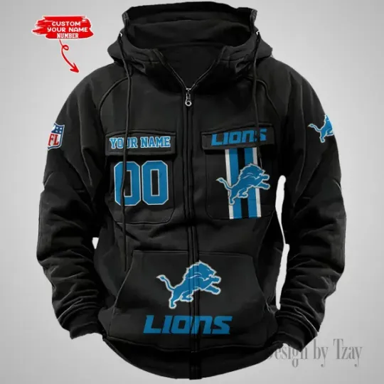 Detroit Lions Personalized Multi-Pockets Zip-Up Hoodie