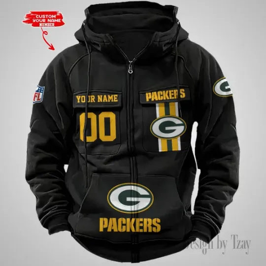 Green Bay Packers Personalized Multi-Pockets Zip-Up Hoodie