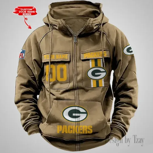 Green Bay Packers Personalized Multi-Pockets Zip-Up Hoodie
