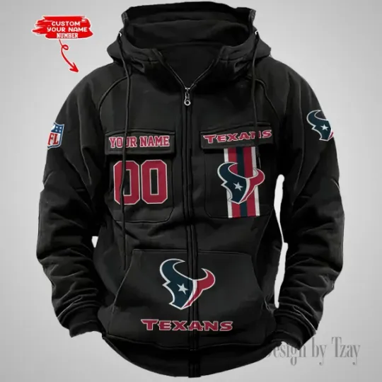 Houston Texans Personalized Multi-Pockets Zip-Up Hoodie
