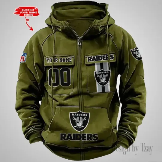 Las Vegas Raiders Personalized Multi-Pockets Zip-Up Hoodie