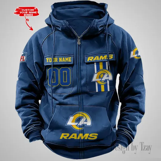 Los Angeles Rams Personalized Multi-Pockets Zip-Up Hoodie